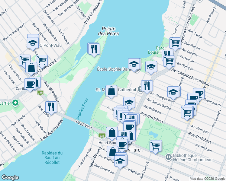 map of restaurants, bars, coffee shops, grocery stores, and more near in Montreal