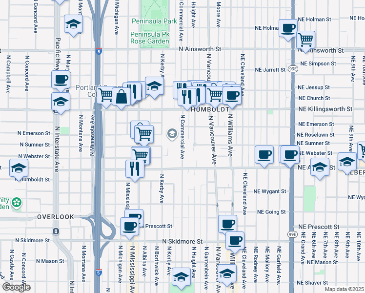 map of restaurants, bars, coffee shops, grocery stores, and more near 5159 North Commercial Avenue in Portland
