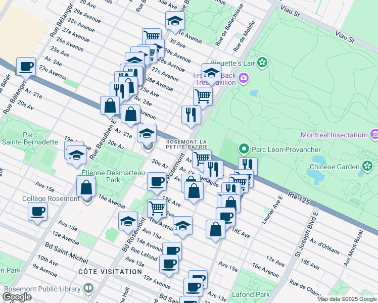 map of restaurants, bars, coffee shops, grocery stores, and more near 4050 Boulevard Rosemont in Montréal