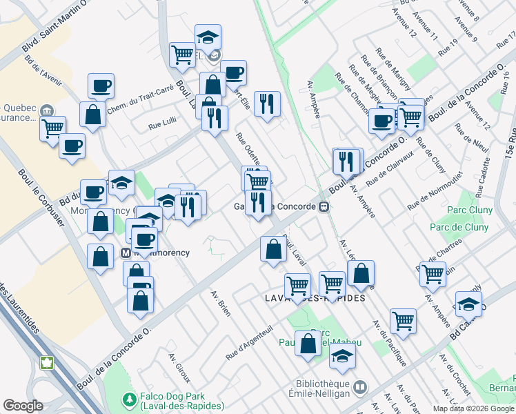 map of restaurants, bars, coffee shops, grocery stores, and more near 440 Boulevard Laval in Laval