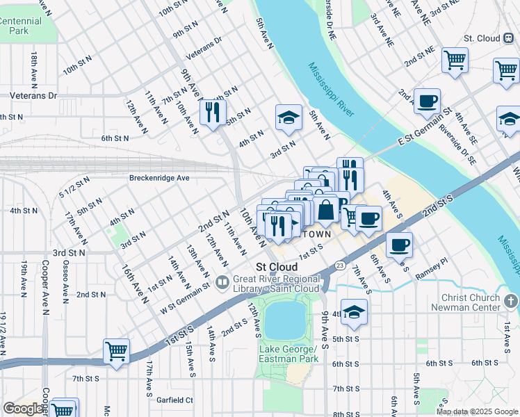 map of restaurants, bars, coffee shops, grocery stores, and more near 138-198 9th Avenue North in Saint Cloud