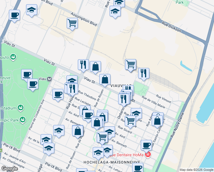 map of restaurants, bars, coffee shops, grocery stores, and more near 2245 Viau Street in Montreal