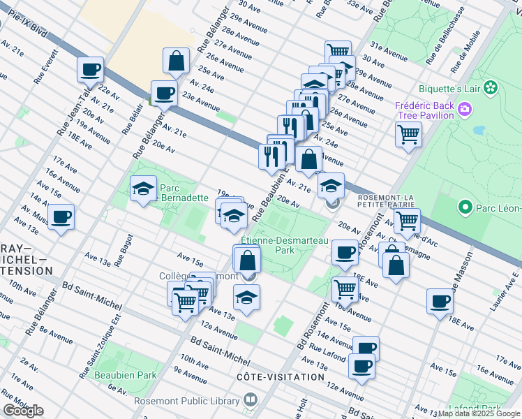 map of restaurants, bars, coffee shops, grocery stores, and more near 3871 Rue Beaubien Est in Montreal