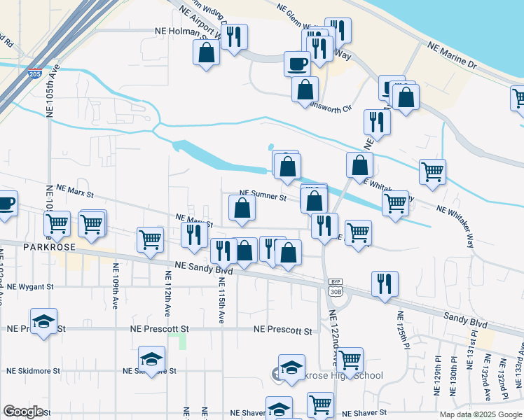 map of restaurants, bars, coffee shops, grocery stores, and more near 11862 Northeast Sumner Street in Portland