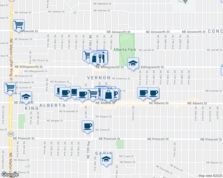 map of restaurants, bars, coffee shops, grocery stores, and more near 5246 Northeast 17th Avenue in Portland