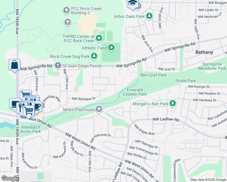 map of restaurants, bars, coffee shops, grocery stores, and more near 17188 Northwest Crosshaven Street in Portland