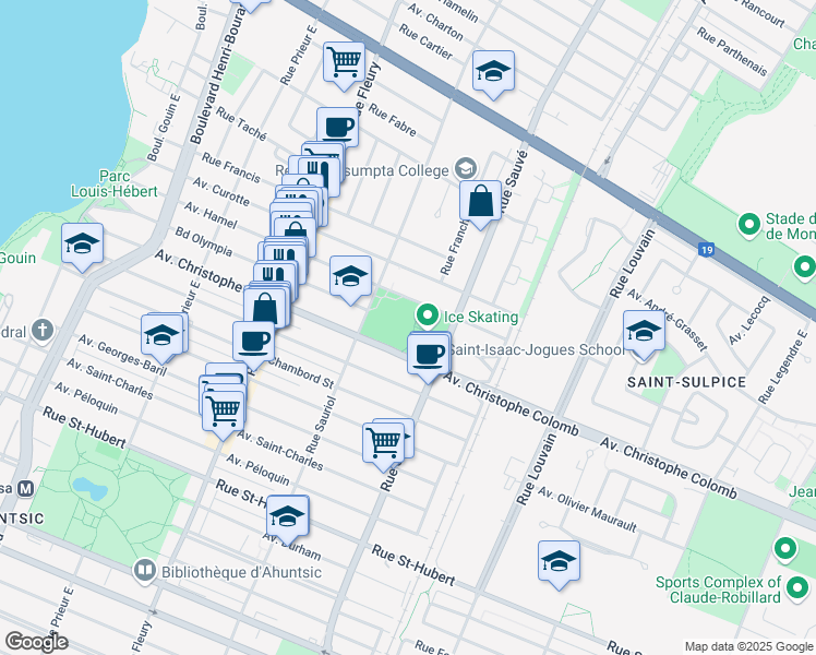 map of restaurants, bars, coffee shops, grocery stores, and more near 9900 Avenue Hamel in Montreal