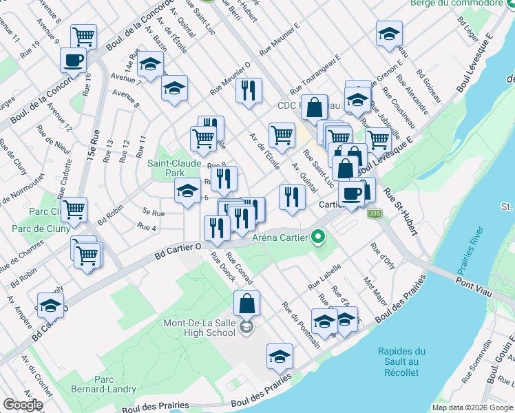 map of restaurants, bars, coffee shops, grocery stores, and more near 249 Rue Émile in Laval