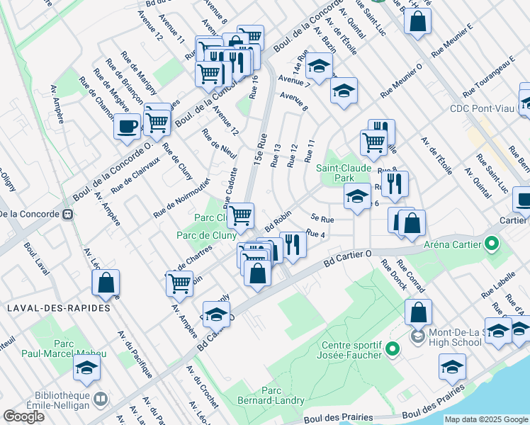 map of restaurants, bars, coffee shops, grocery stores, and more near Place Robin in Laval