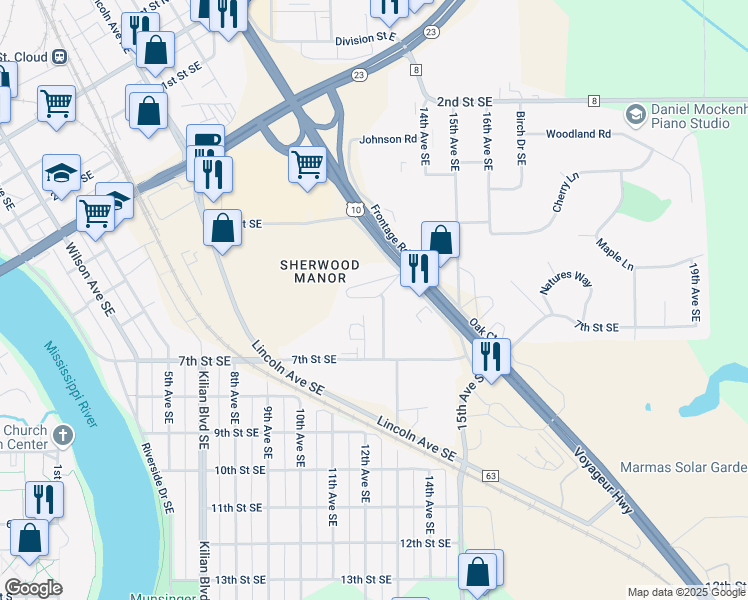 map of restaurants, bars, coffee shops, grocery stores, and more near 535 U.S. 10 in St. Cloud