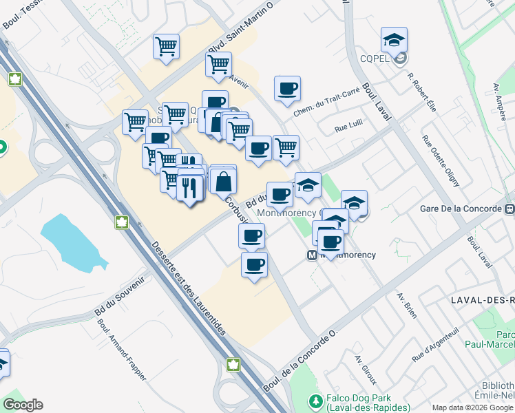 map of restaurants, bars, coffee shops, grocery stores, and more near 1920 Boulevard du Souvenir in Laval