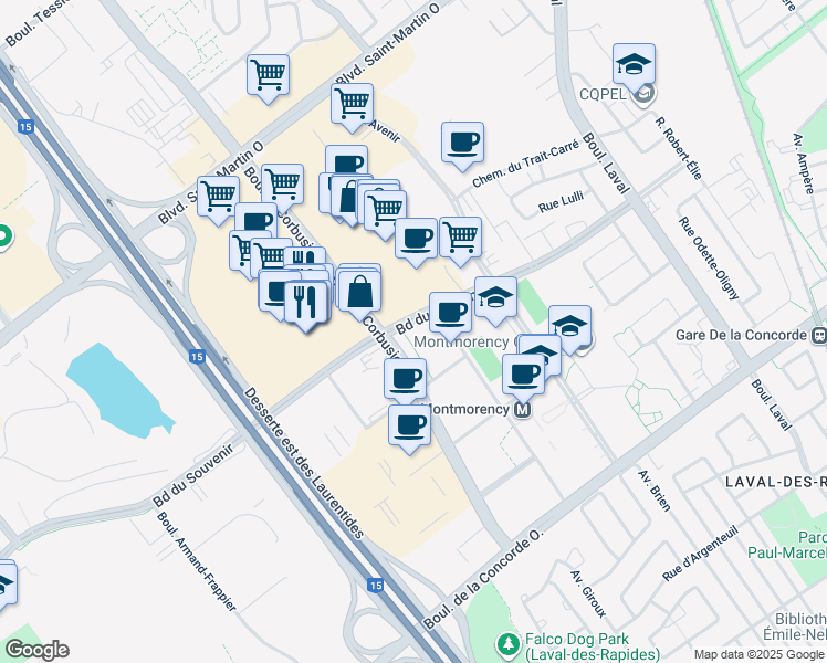 map of restaurants, bars, coffee shops, grocery stores, and more near 1920 Boulevard du Souvenir in Laval