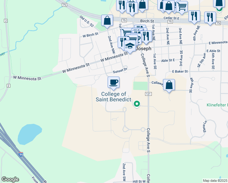 map of restaurants, bars, coffee shops, grocery stores, and more near 37 College Avenue South in Saint Joseph