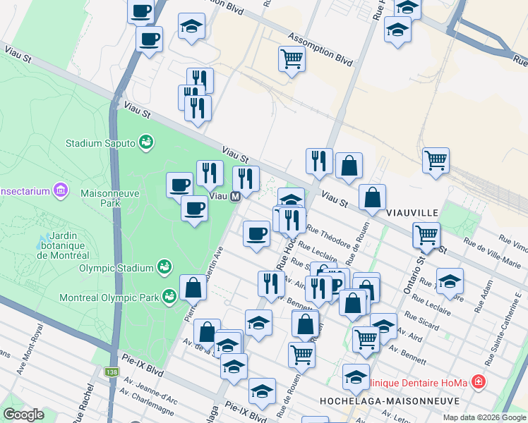 map of restaurants, bars, coffee shops, grocery stores, and more near 2620 Rue Théodore in Montréal