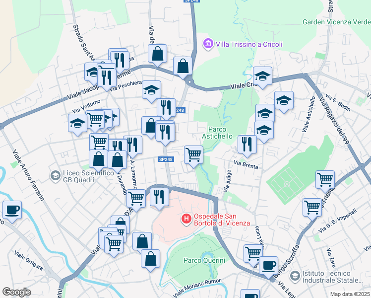 map of restaurants, bars, coffee shops, grocery stores, and more near Via Solerino in Vicenza