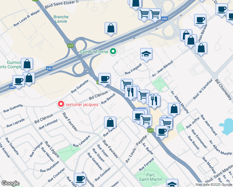 map of restaurants, bars, coffee shops, grocery stores, and more near 3950 Rue Benoit in Laval