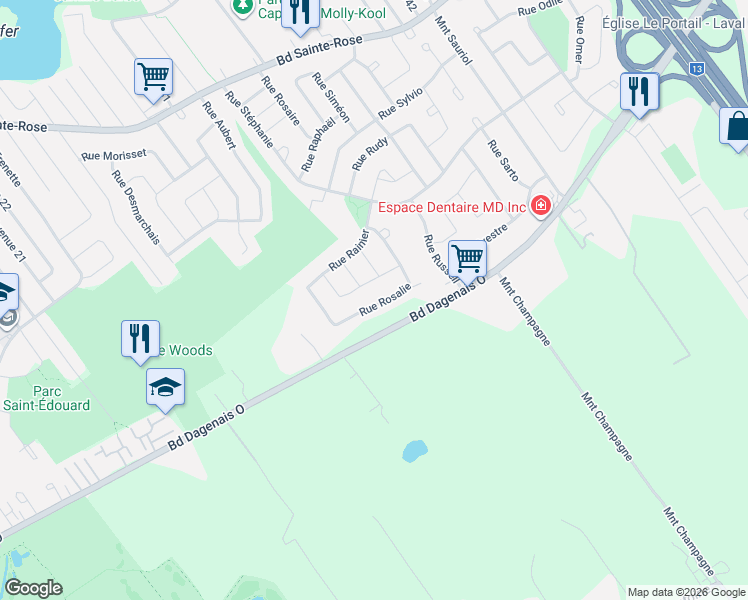 map of restaurants, bars, coffee shops, grocery stores, and more near 618 Rue Rosalie in Laval