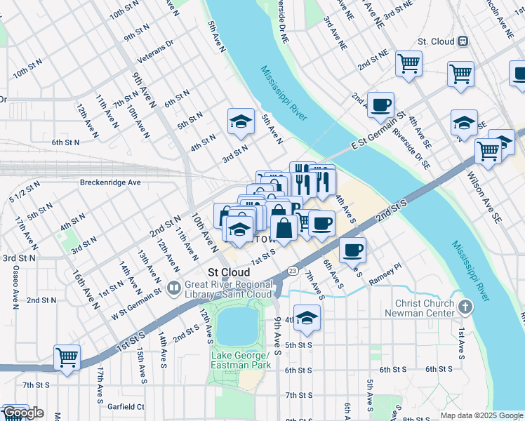 map of restaurants, bars, coffee shops, grocery stores, and more near 26 7th Avenue North in St. Cloud