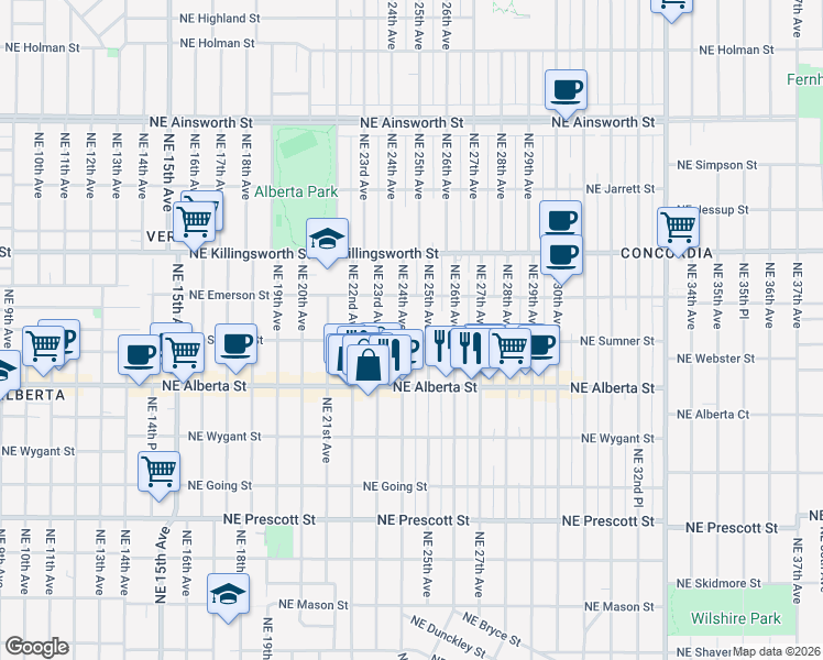 map of restaurants, bars, coffee shops, grocery stores, and more near 5247 Northeast 25th Avenue in Portland