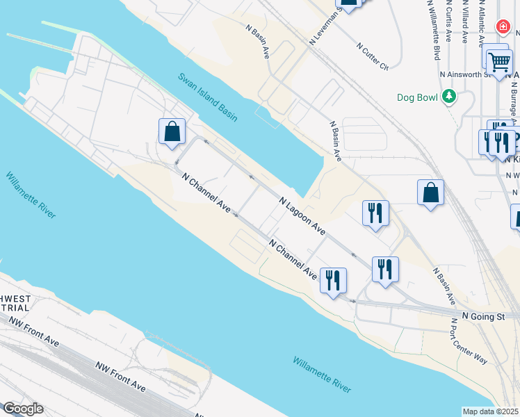 map of restaurants, bars, coffee shops, grocery stores, and more near 4220 North Commerce Street in Portland