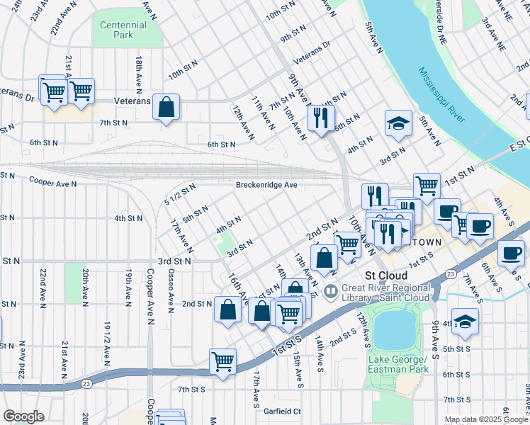 map of restaurants, bars, coffee shops, grocery stores, and more near 328 13th Avenue North in St. Cloud