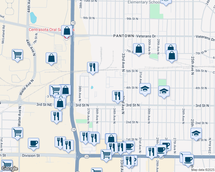 map of restaurants, bars, coffee shops, grocery stores, and more near 419 33rd Avenue North in St. Cloud