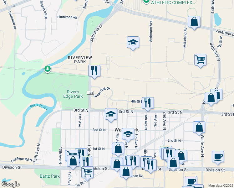 map of restaurants, bars, coffee shops, grocery stores, and more near 418 Great Oak Drive in Waite Park