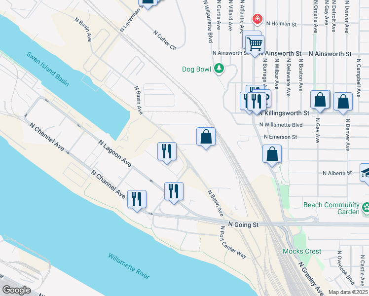 map of restaurants, bars, coffee shops, grocery stores, and more near 5220 North Basin Avenue in Portland