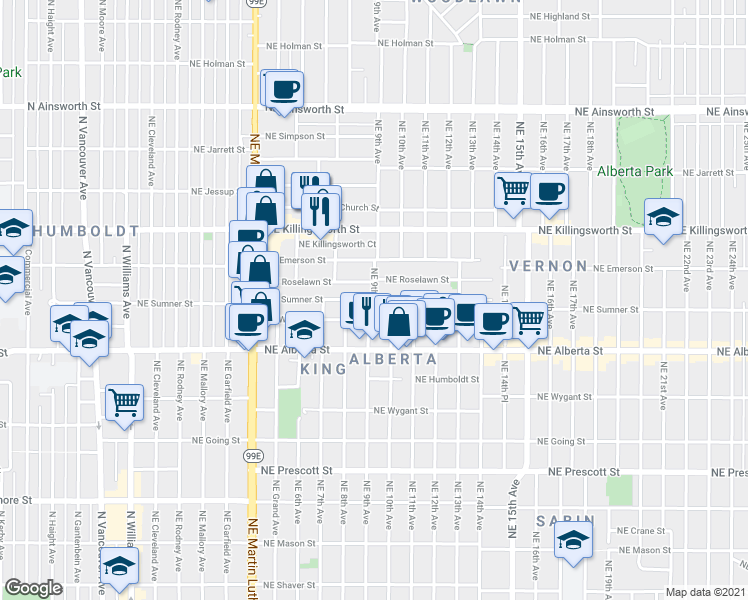 map of restaurants, bars, coffee shops, grocery stores, and more near NE Sumner St & NE 9th Ave in Portland