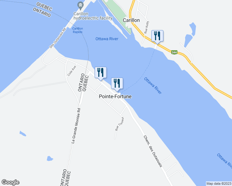 map of restaurants, bars, coffee shops, grocery stores, and more near 652 Chemin des Outaouais in Pointe-Fortune