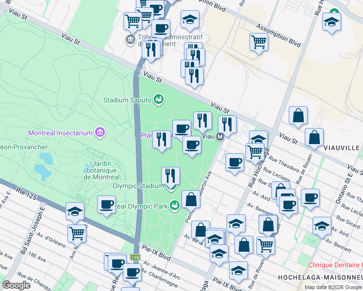 map of restaurants, bars, coffee shops, grocery stores, and more near 4801 Avenue Pierre-De Coubertin in Montréal