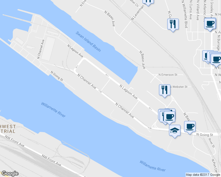map of restaurants, bars, coffee shops, grocery stores, and more near 5115 North Lagoon Avenue in Portland