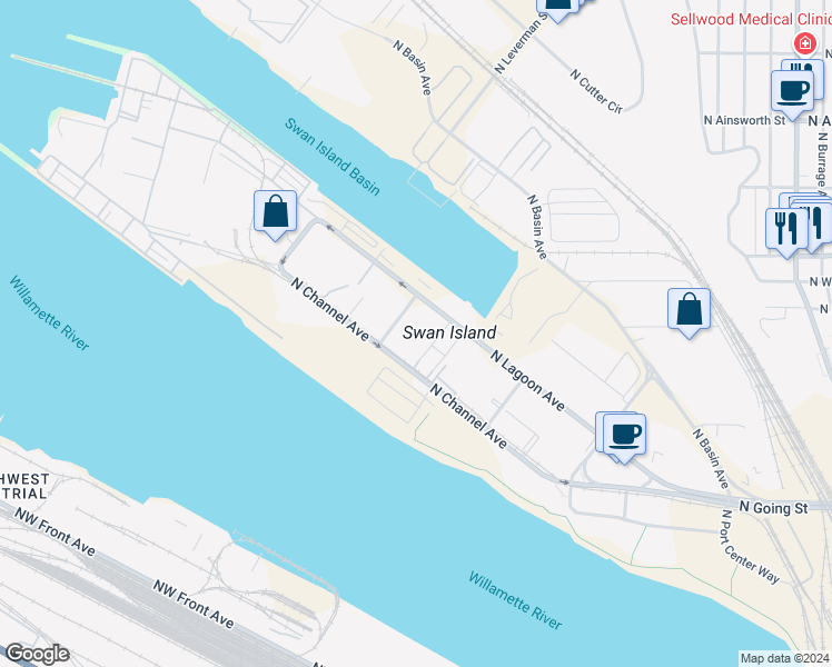 map of restaurants, bars, coffee shops, grocery stores, and more near 5115 North Lagoon Avenue in Portland