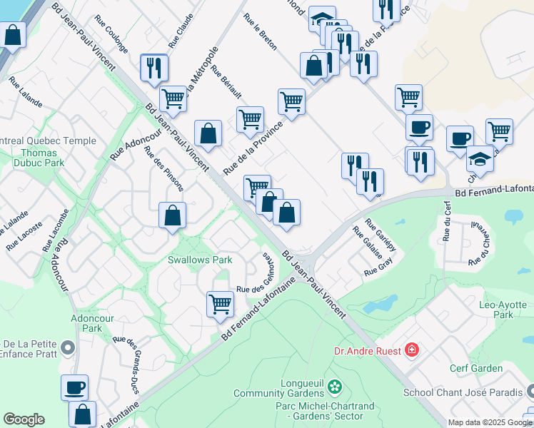 map of restaurants, bars, coffee shops, grocery stores, and more near 855 Boulevard Jean-Paul-Vincent in Longueuil