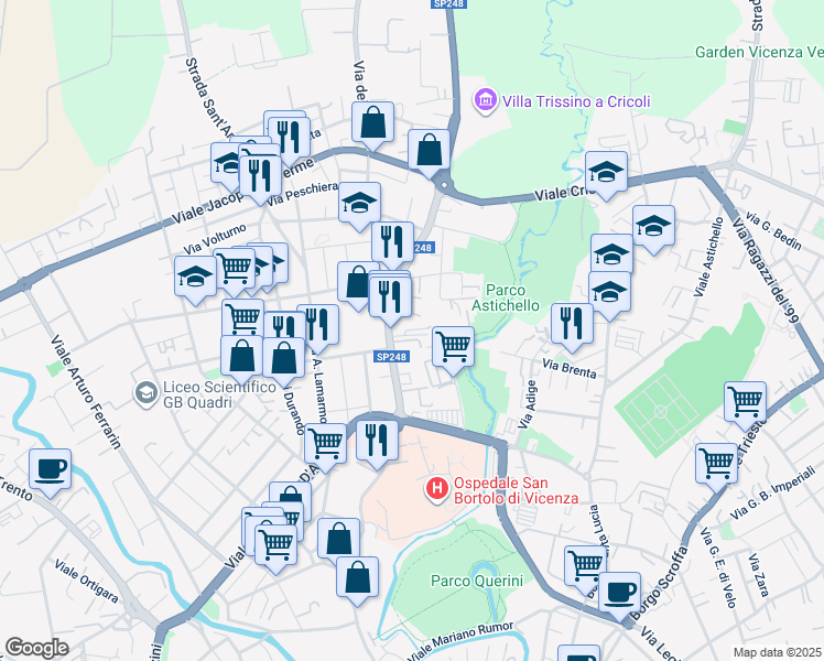 map of restaurants, bars, coffee shops, grocery stores, and more near Via Solferino in Vicenza