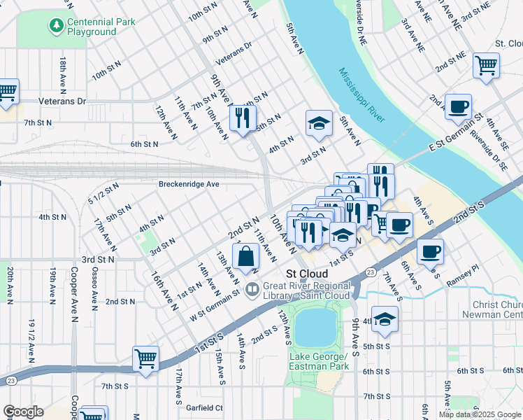 map of restaurants, bars, coffee shops, grocery stores, and more near 999 2nd Street North in St. Cloud