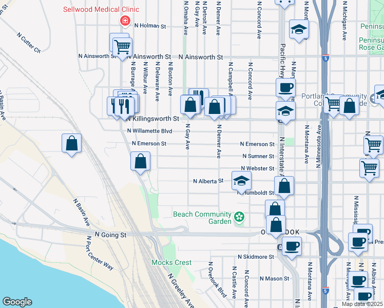 map of restaurants, bars, coffee shops, grocery stores, and more near 5204 North Gay Avenue in Portland