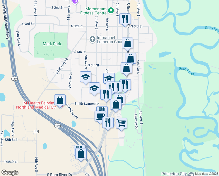 map of restaurants, bars, coffee shops, grocery stores, and more near 707 7th Avenue North in Princeton