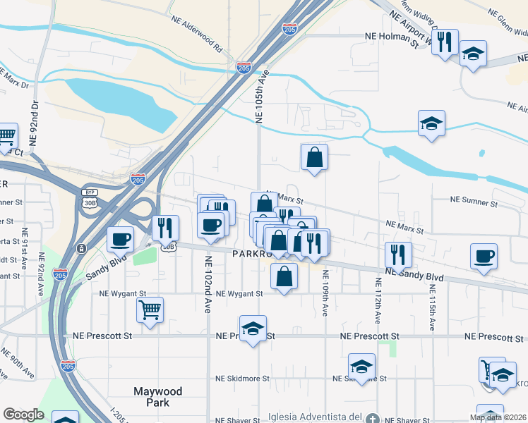 map of restaurants, bars, coffee shops, grocery stores, and more near 5210 Northeast 105th Avenue in Portland