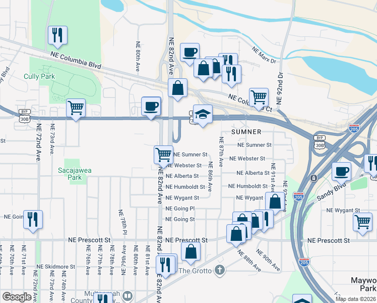 map of restaurants, bars, coffee shops, grocery stores, and more near 8503 Northeast Sumner Street in Portland