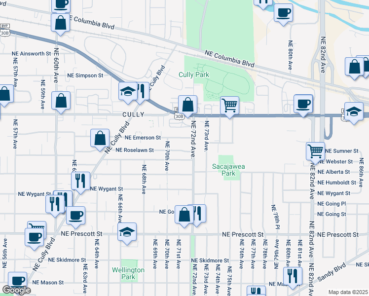 map of restaurants, bars, coffee shops, grocery stores, and more near 5249 Northeast 72nd Avenue in Portland