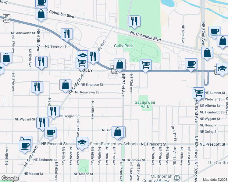 map of restaurants, bars, coffee shops, grocery stores, and more near 7030 Northeast Emerson Street in Portland