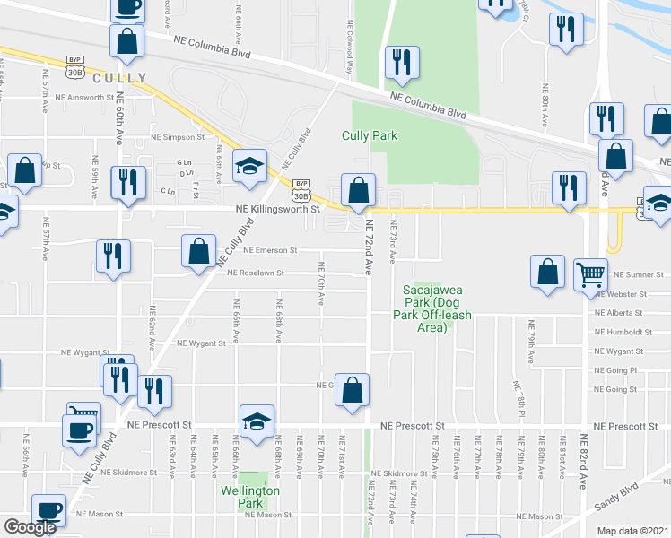 map of restaurants, bars, coffee shops, grocery stores, and more near 7030 Northeast Emerson Street in Portland