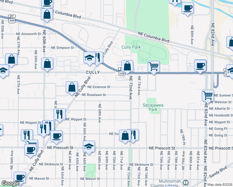 map of restaurants, bars, coffee shops, grocery stores, and more near 7030 Northeast Emerson Street in Portland