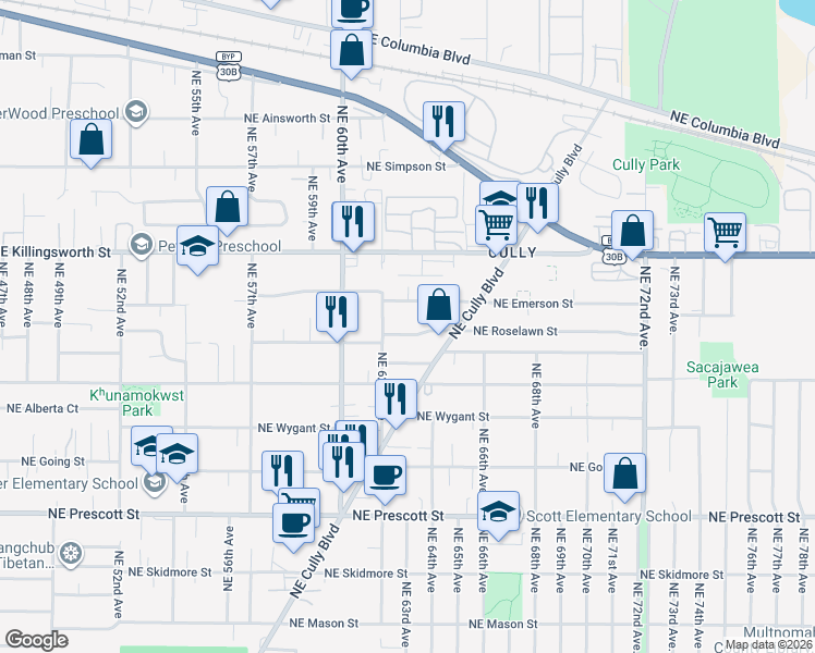 map of restaurants, bars, coffee shops, grocery stores, and more near 6316 NE Emerson St in Portland
