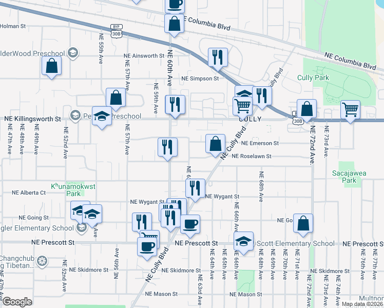 map of restaurants, bars, coffee shops, grocery stores, and more near 5249 Northeast 62nd Avenue in Portland