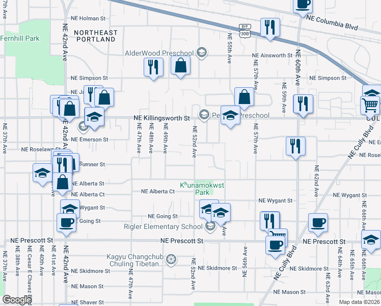 map of restaurants, bars, coffee shops, grocery stores, and more near 5114 Northeast Emerson Court in Portland