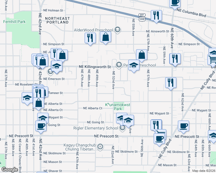 map of restaurants, bars, coffee shops, grocery stores, and more near 5114 Northeast Emerson Court in Portland
