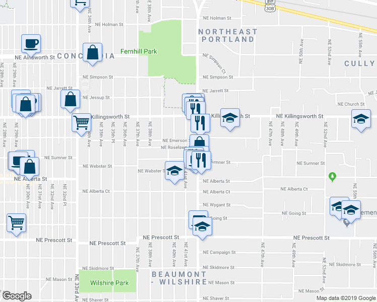map of restaurants, bars, coffee shops, grocery stores, and more near 5245 Northeast 42nd Avenue in Portland