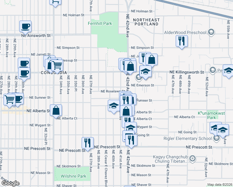 map of restaurants, bars, coffee shops, grocery stores, and more near 4017 Northeast Roselawn Street in Portland